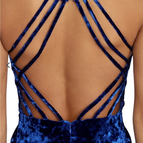 Morgan & Co. Crushed Velvet Royal Blue Halter Gown - Strappy Back Slit Dress 18W - Picture 6 of 9